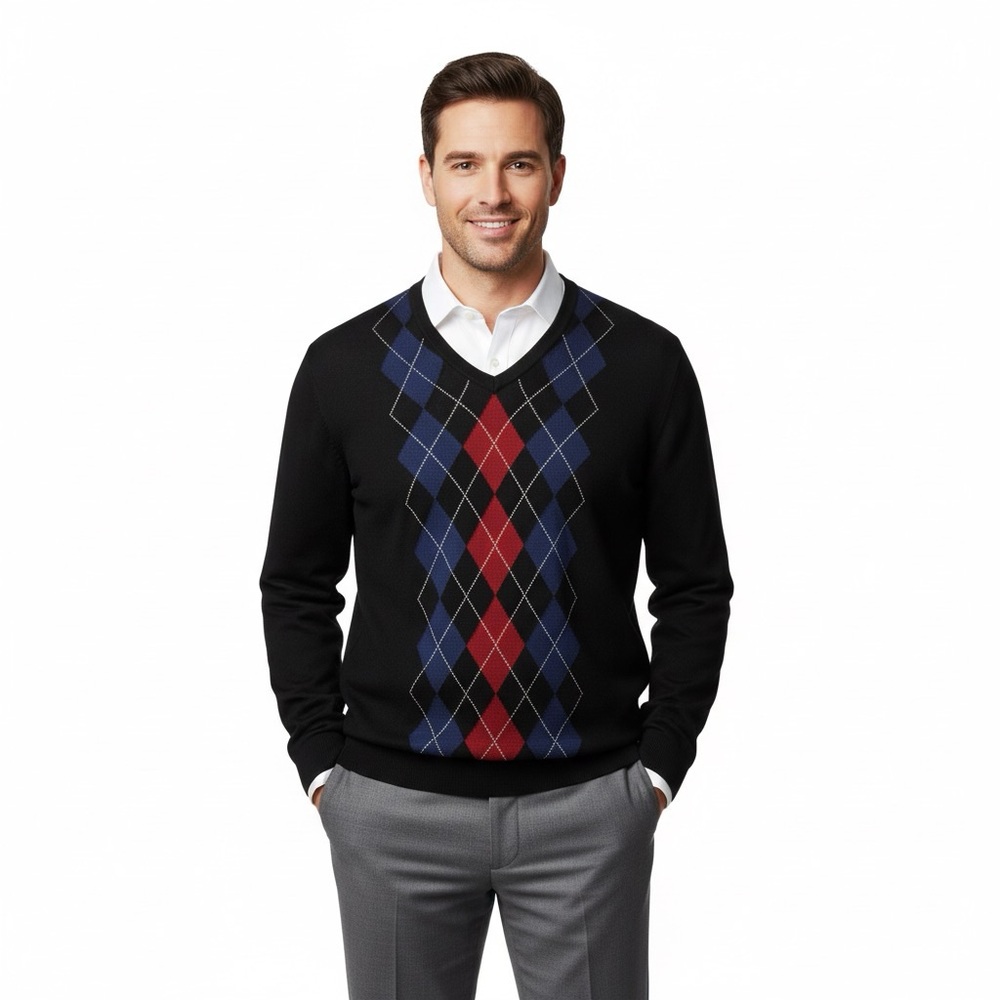 Jos A Bank Argyle Vneck Sweater Plaid Preppy Merino Wool Black Red Blue White L